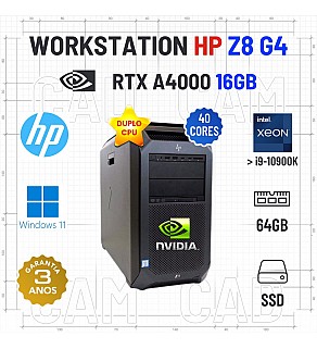 WORKSTATION HP Z8 3D/CAD TITAN+ | DUPLO XEON 40 CORES SUPERIOR A i9-10900K | 64GB RAM | 480GB SSD | RTX A4000-16GB